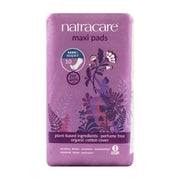 Purple package of Natracare maxi pads on a white background