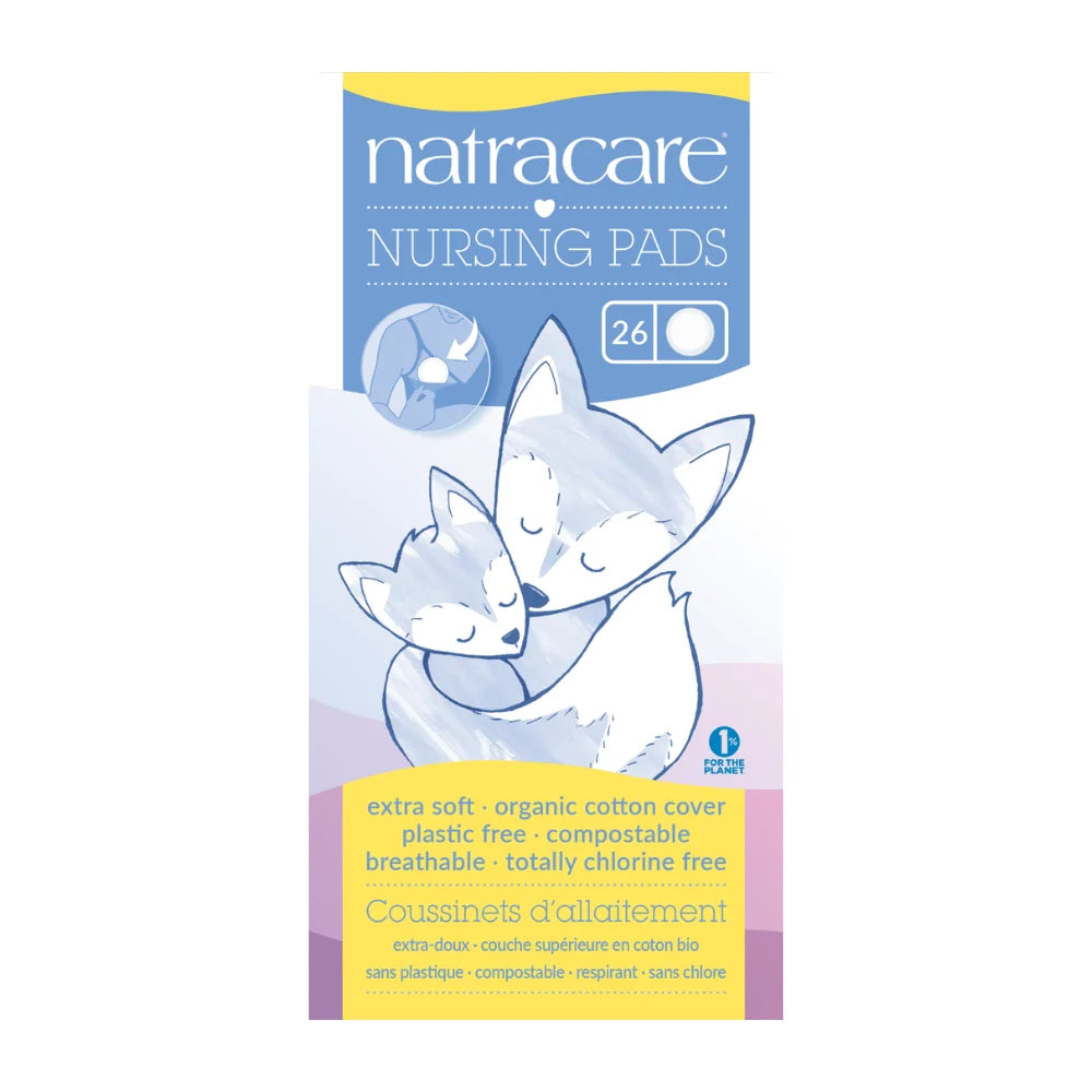 Package of Natracare nursing pads with fox illustration on a white background