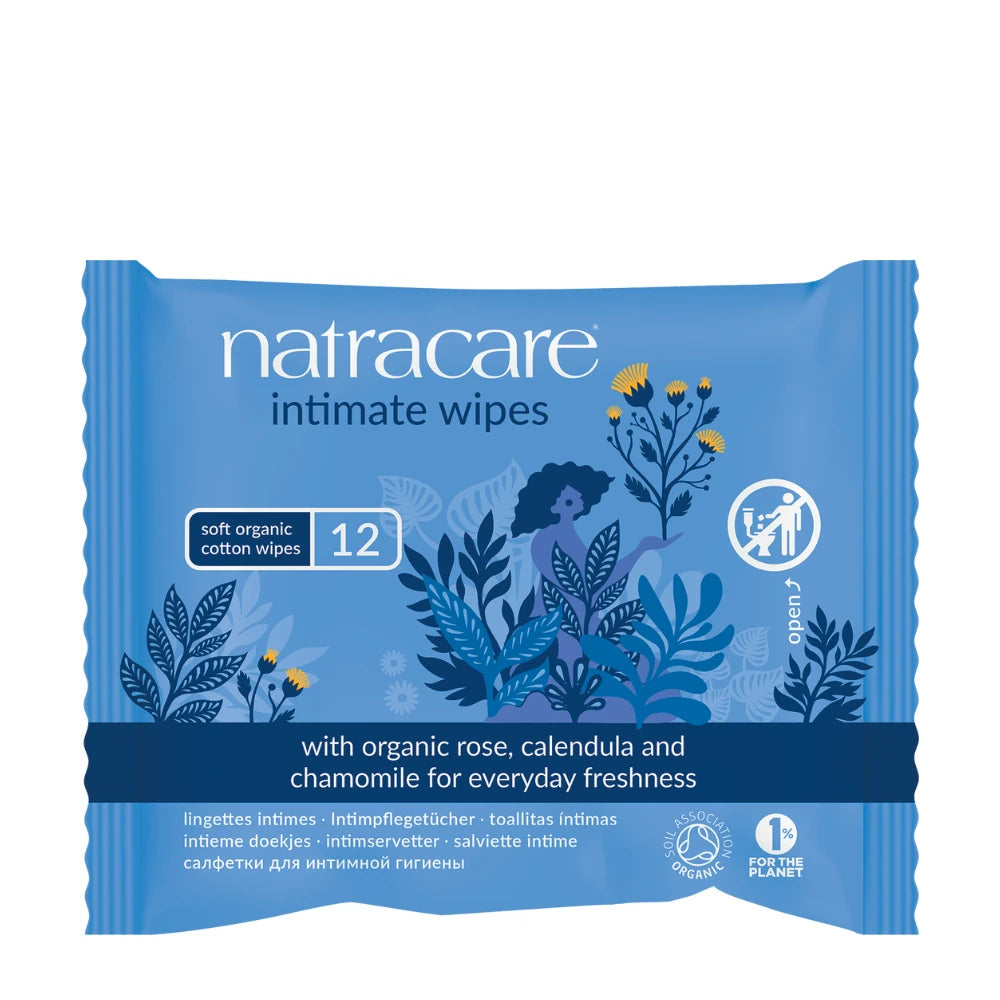 Natracare intimate wipes packaging on a white background
