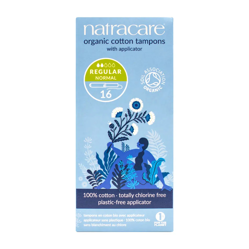 Natracare organic cotton tampons packaging with applicator on a white background