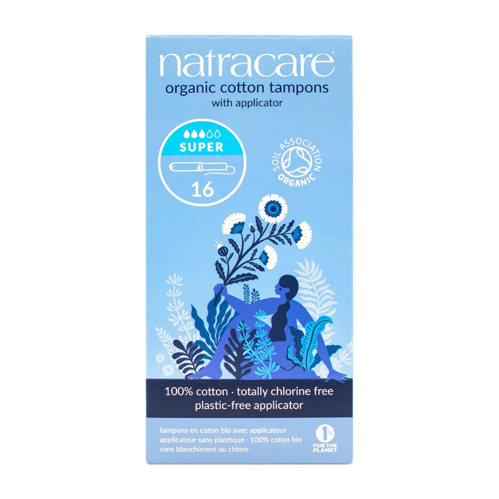 Natracare organic cotton tampons packaging with blue background and nature-themed design.