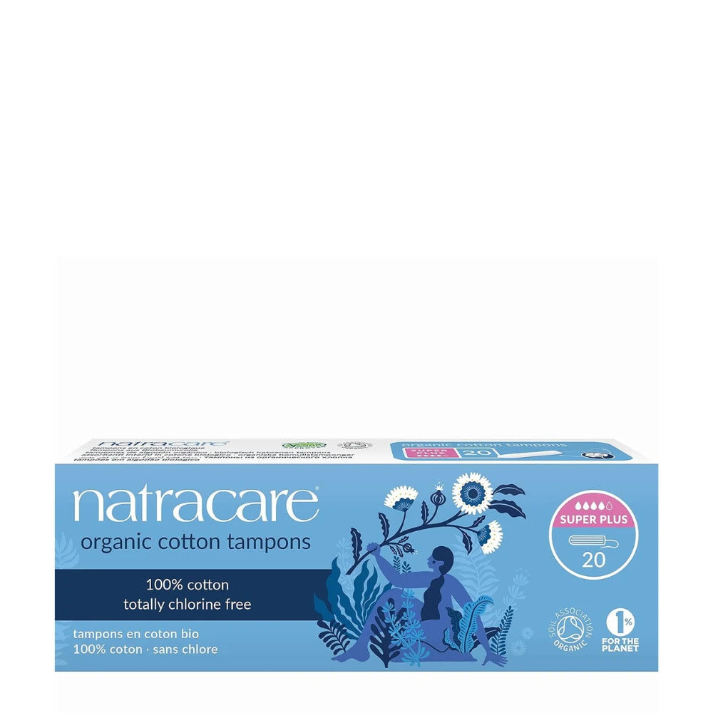 Box of Natracare organic cotton tampons on a white background