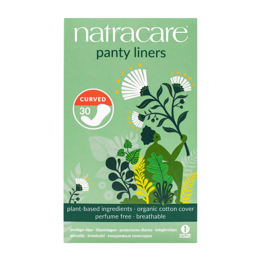Natracare panty liner package with green background and plant illustrations