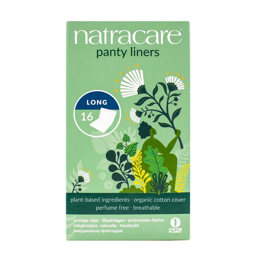 Natracare panty liner packaging with green background and plant illustrations