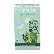Box of Natracare panty liners with green and white design on a white background