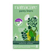 Natracare panty liners packaging with green background and plant illustrations