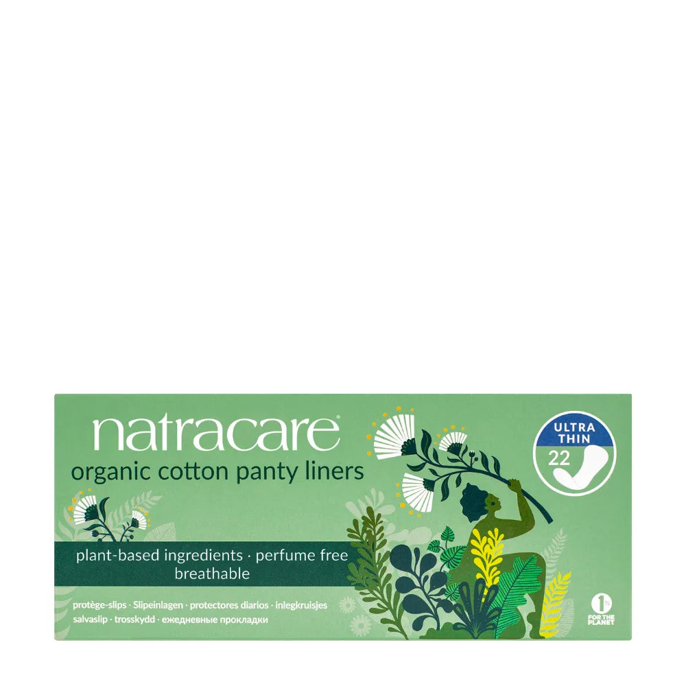 Natracare organic cotton panty liners packaging on a white background