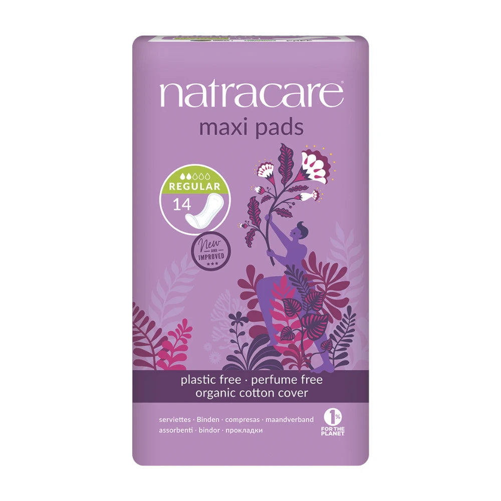 Natracare maxi pads packaging with floral design on a white background