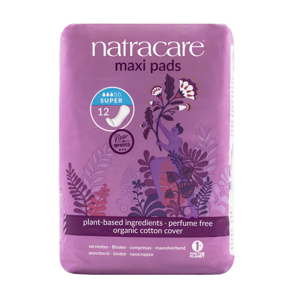 Package of Natracare maxi pads on a white background