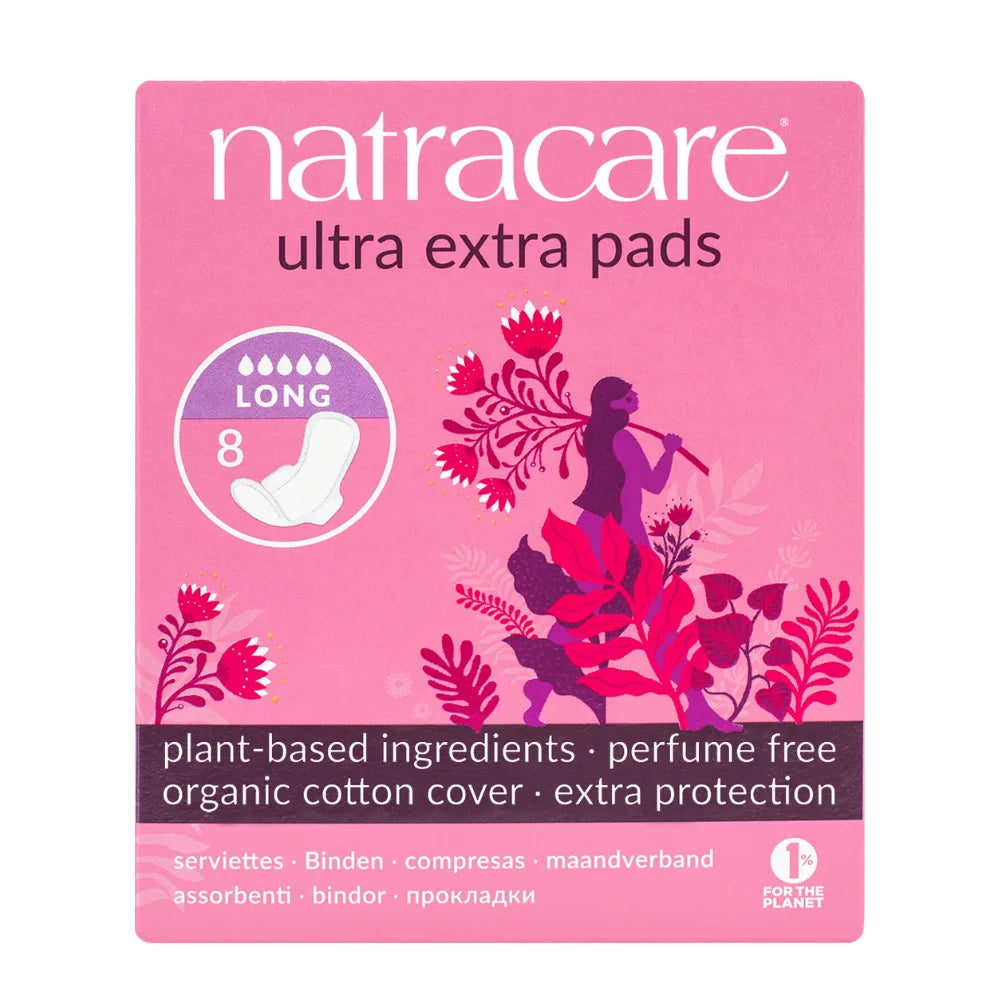 Pink package of Natracare ultra extra pads with floral design and text on a white background