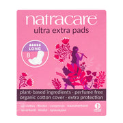 Pink package of Natracare ultra extra pads with floral design and text on a white background