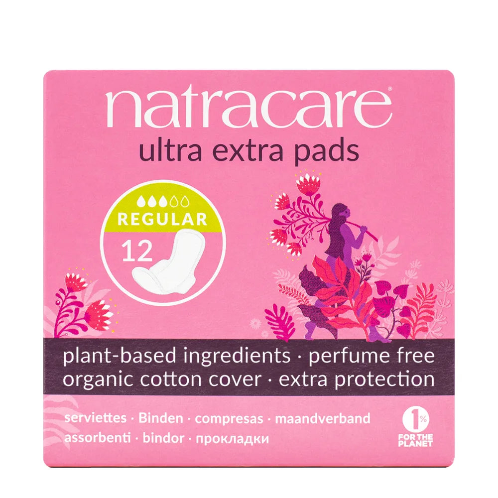 Package of Natracare ultra extra pads with pink background and floral design.