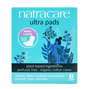Natracare ultra pads packaging with blue design and text on a white background