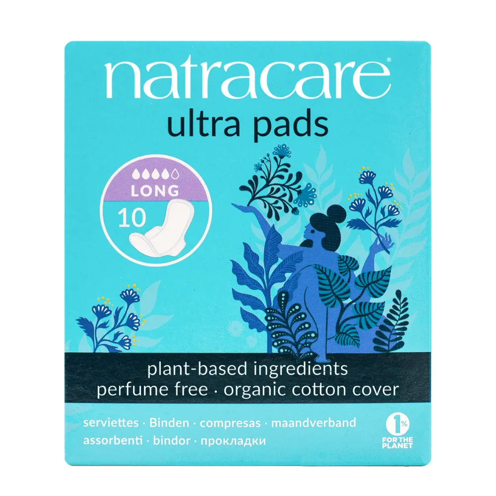 Natracare ultra pads packaging with blue design and text on a white background