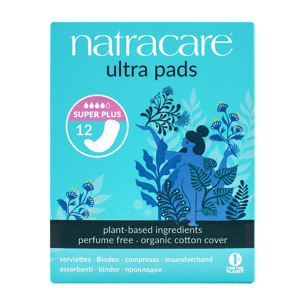 Natracare ultra pads packaging with botanical design on a white background