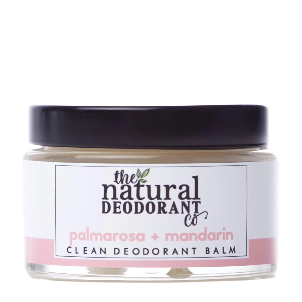 Jar of natural deodorant balm with 'The Natural Deodorant Co' label on a white background