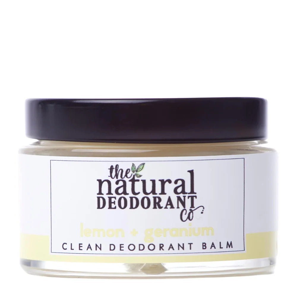 Jar of 'the natural deodorant co' lemon geranium clean deodorant balm on a white background