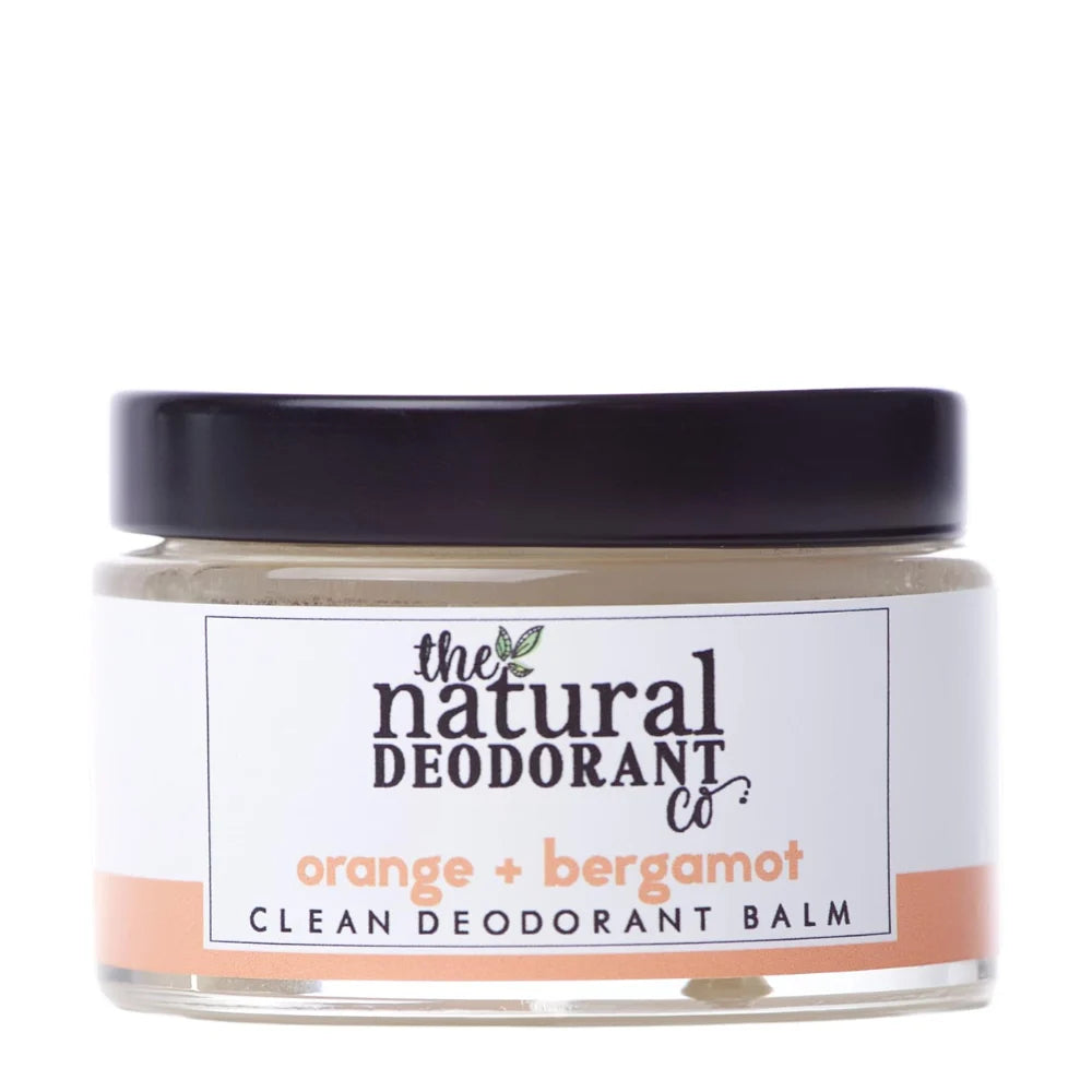 Jar of clean deodorant balm with 'The Natural Deodorant Co' label on a white background