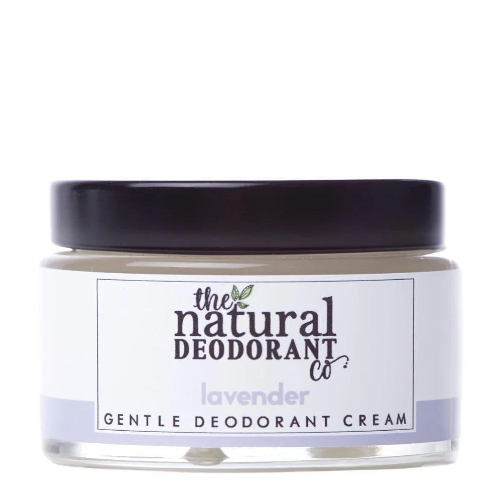 Jar of lavender gentle deodorant cream from The Natural Deodorant Co on a white background