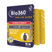 Bio360 Pro-100 Ultra microbiotics packaging with capsules on a white background