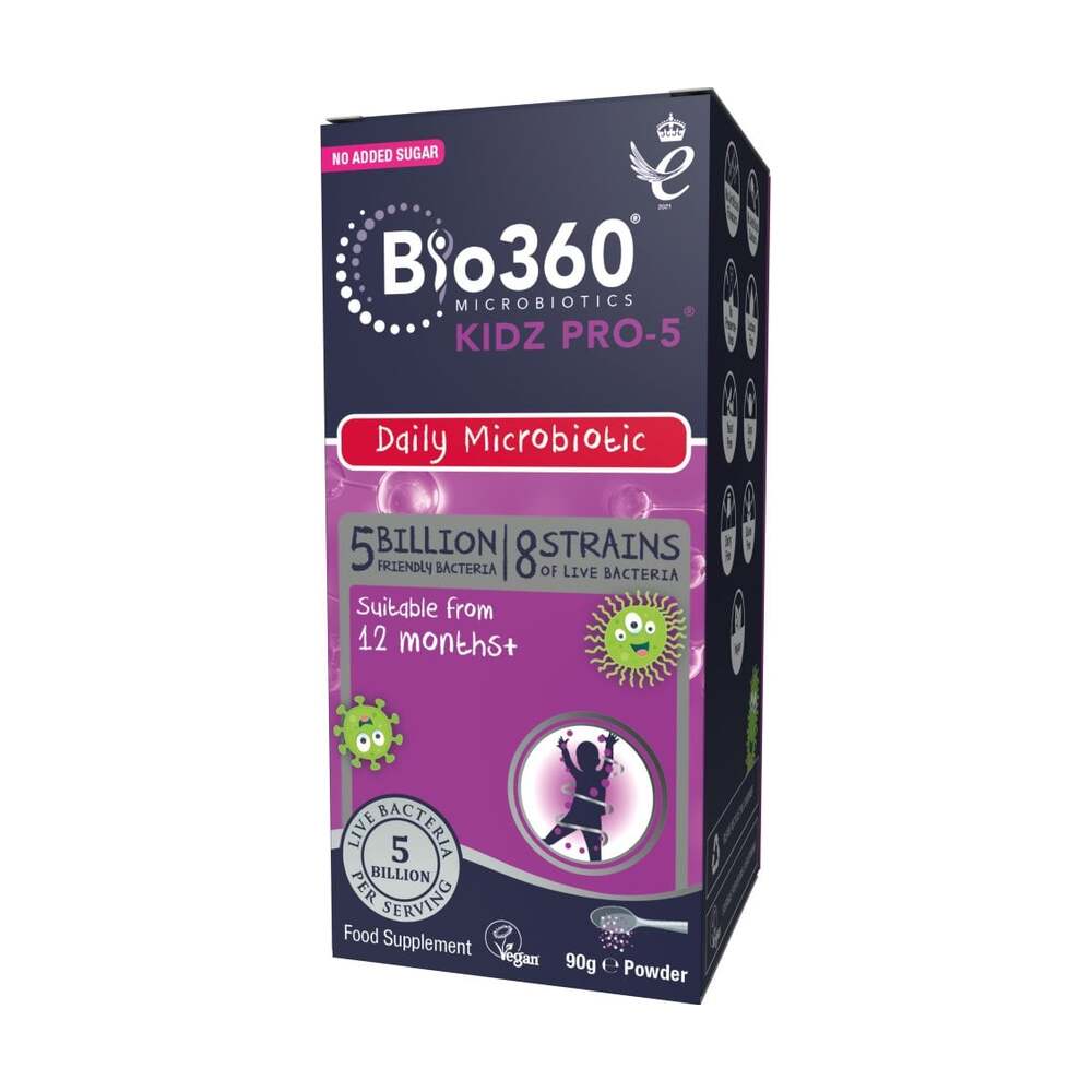 Bio360 Kids Pro-5 daily microbiotic supplement packaging on a white background