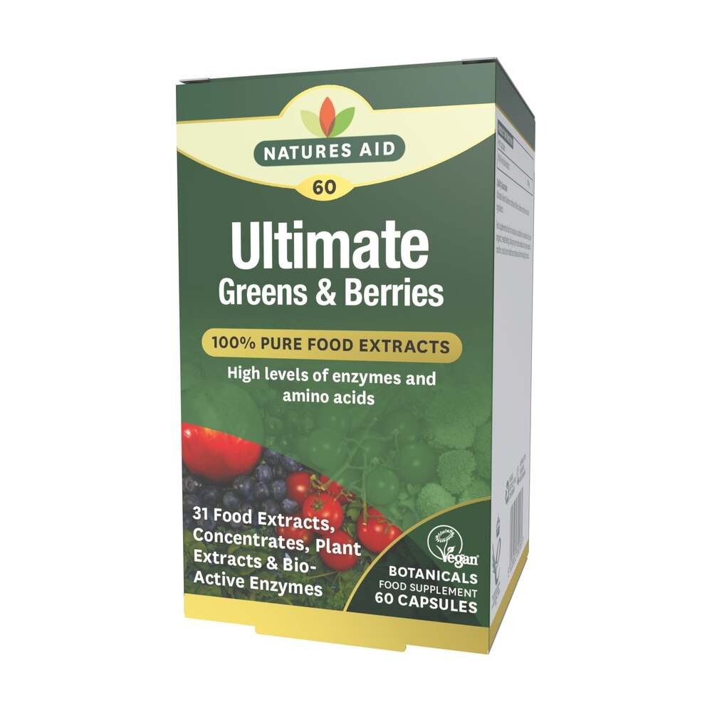 Box of Natures Aid Ultimate Greens & Berries supplement on a white background