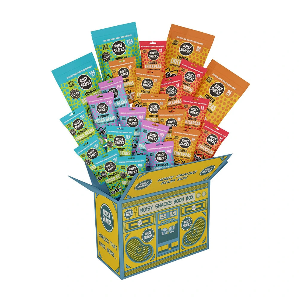 Assorted Noisy Snacks packaging in a display box on a white background