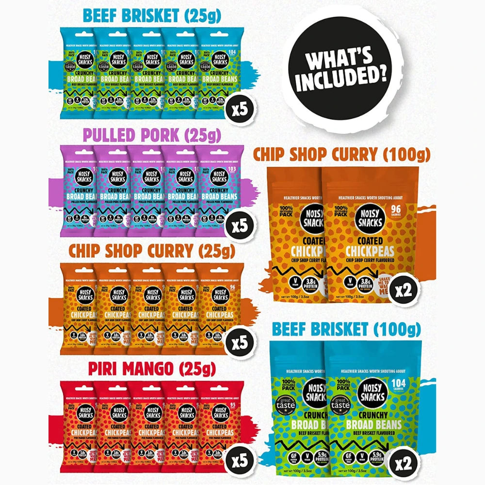 Noisy Snacks product lineup with various flavors and quantities on a white background.