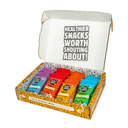 Box of colorful snack packs with 'Healthier Snacks Worth Shouting About!' text on a white background