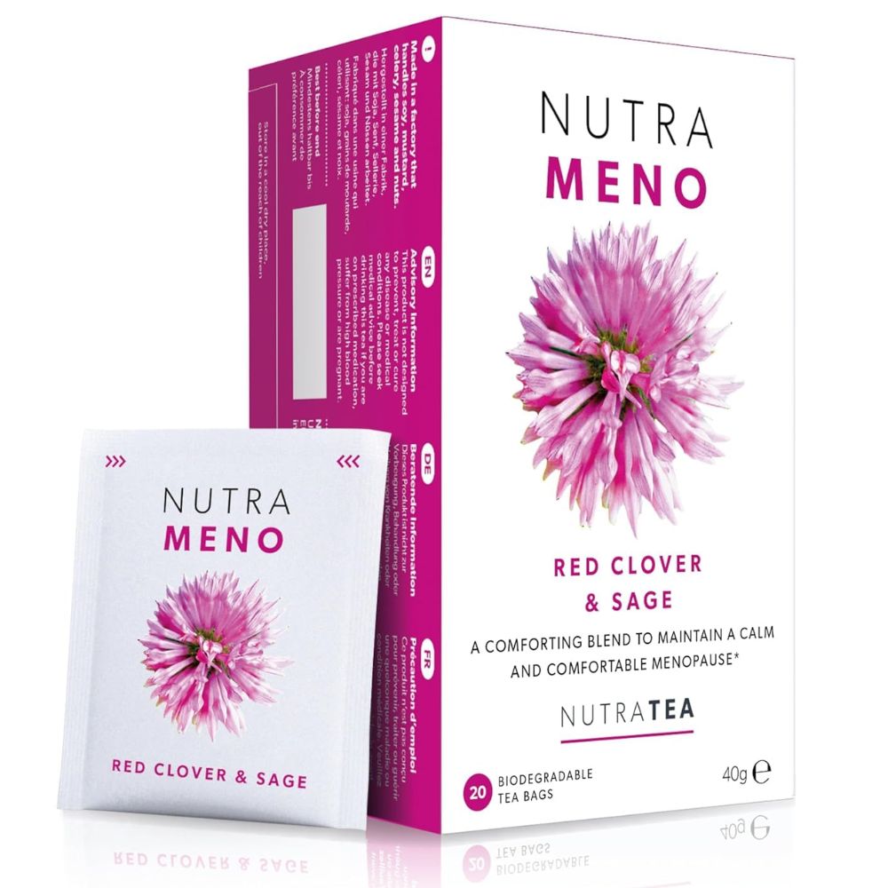 Nutra Meno Red Clover & Sage tea packaging on a white background