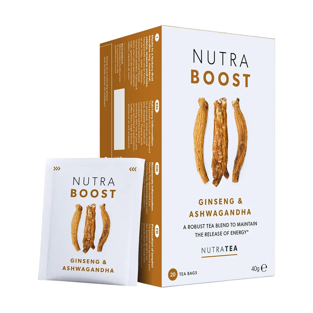 Nutra Boost Ginseng & Ashwagandha tea packaging on a white background