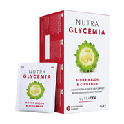 Nutra Glycemia tea packaging with bitter melon illustration on a white background