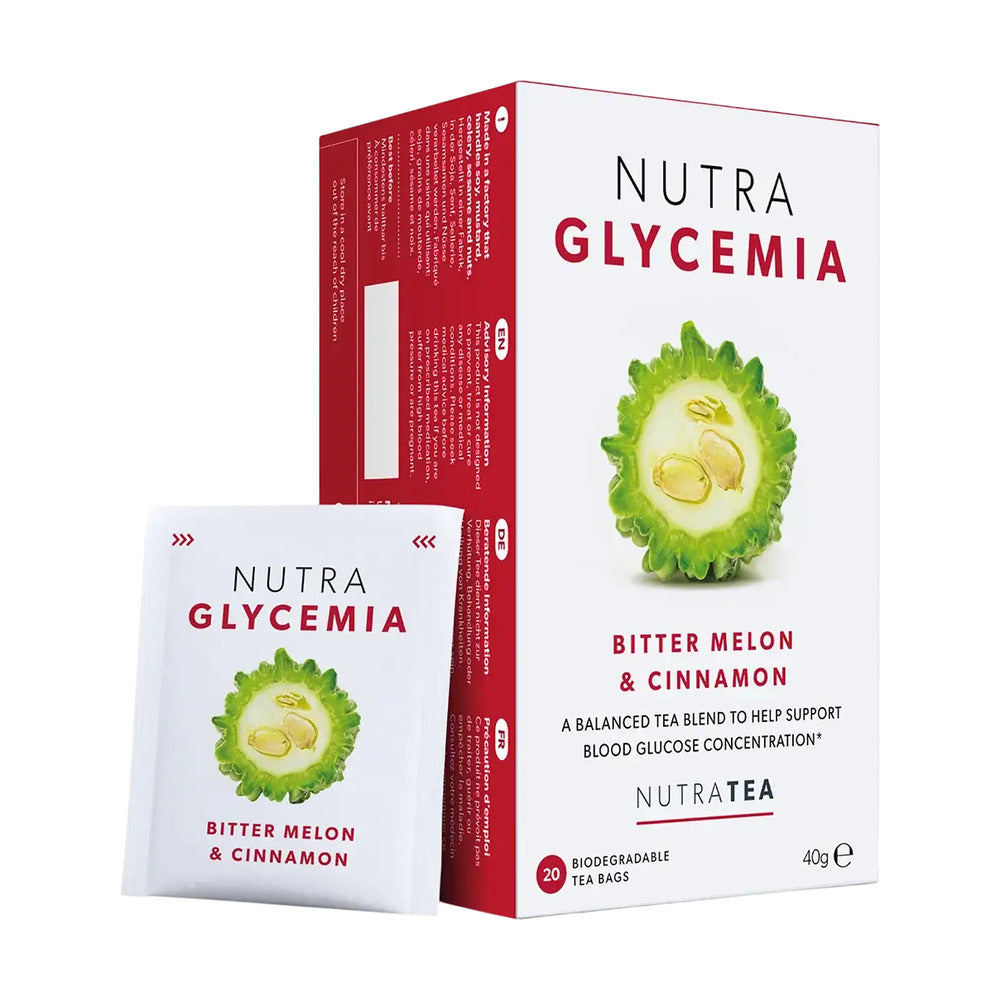 Nutra Glycemia tea packaging with bitter melon illustration on a white background