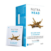 Nutra Head Willow Bark & Feverfew tea packaging on a white background