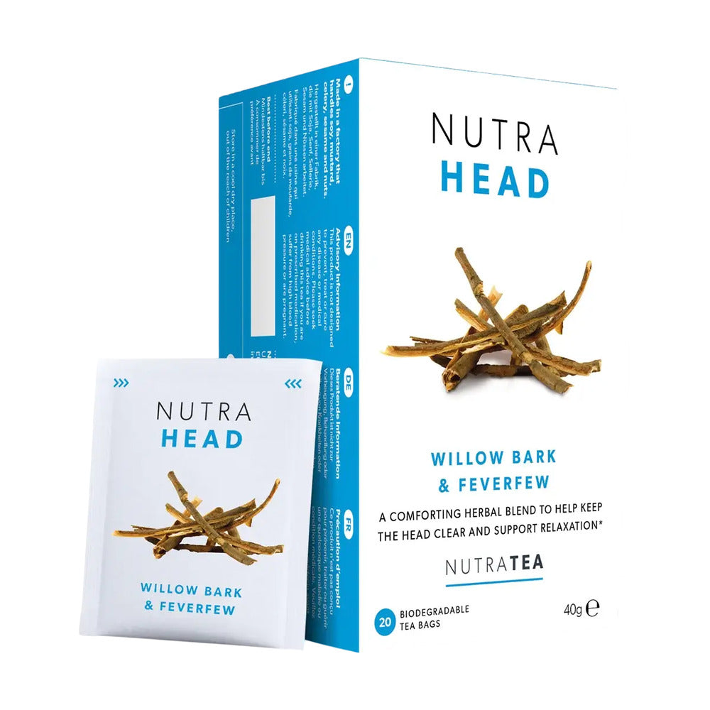 Nutra Head Willow Bark & Feverfew tea packaging on a white background