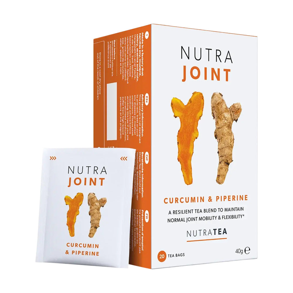 Nutra Joint tea packaging with turmeric and ginger roots on a white background