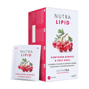 Nutra Lipid Hawthorn Berries & Holy Basil tea packaging on a white background