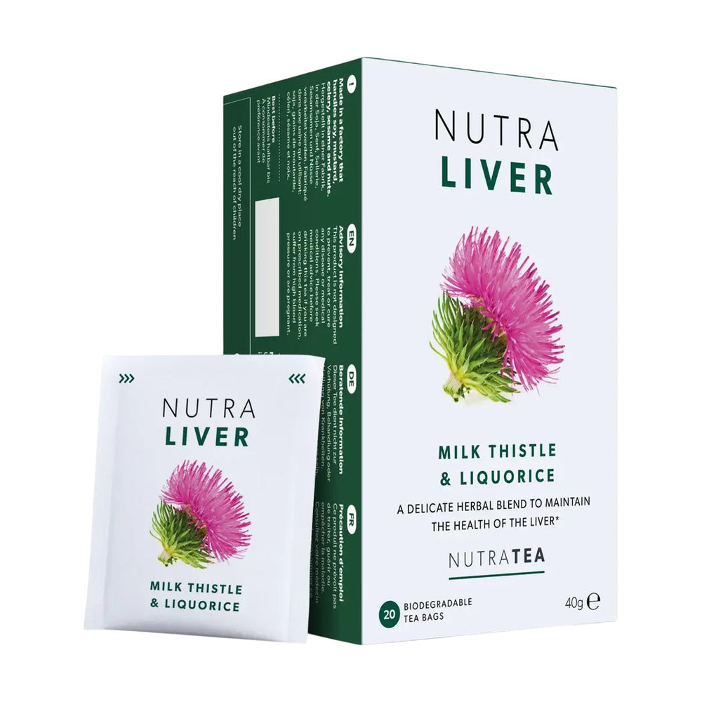 Nutra Liver tea packaging with milk thistle and liquorice illustration on a white background
