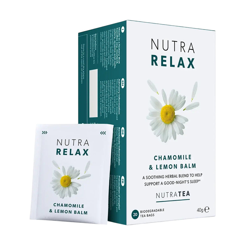 Nutra Relax chamomile and lemon balm tea packaging on a white background