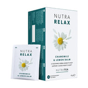 Nutra Relax chamomile and lemon balm tea packaging on a white background