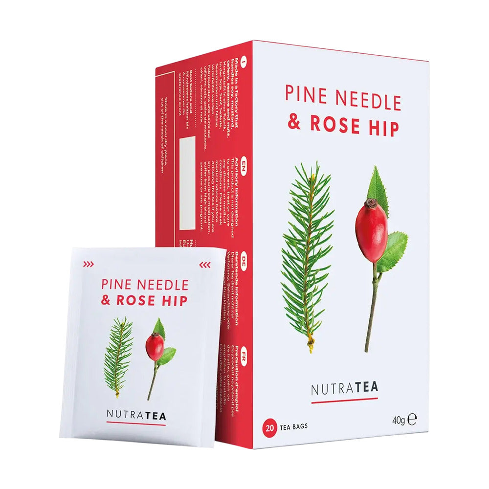 NutraTea Pine Needle & Rose Hip tea packaging on a white background