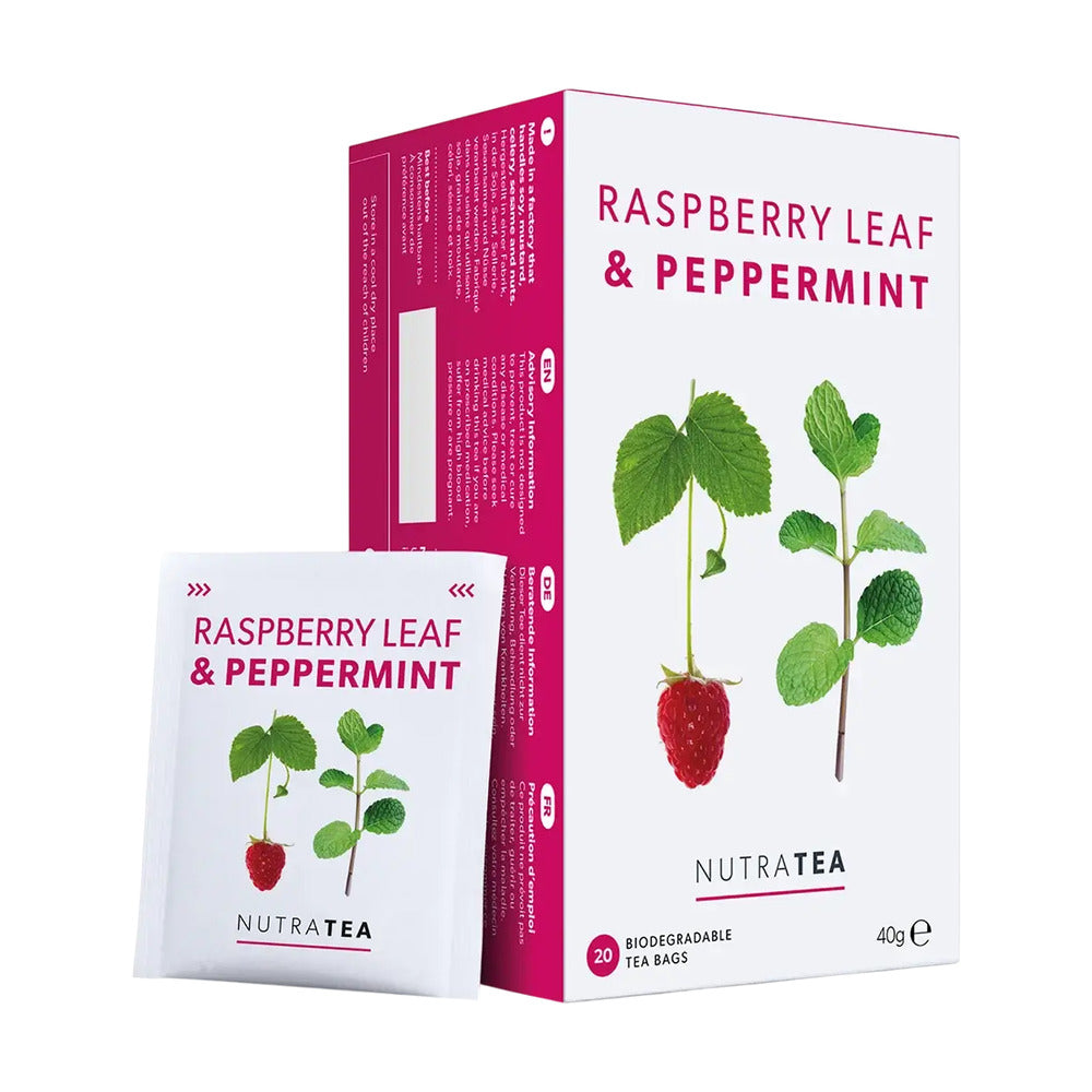NutraTea Raspberry Leaf & Peppermint tea packaging on a white background