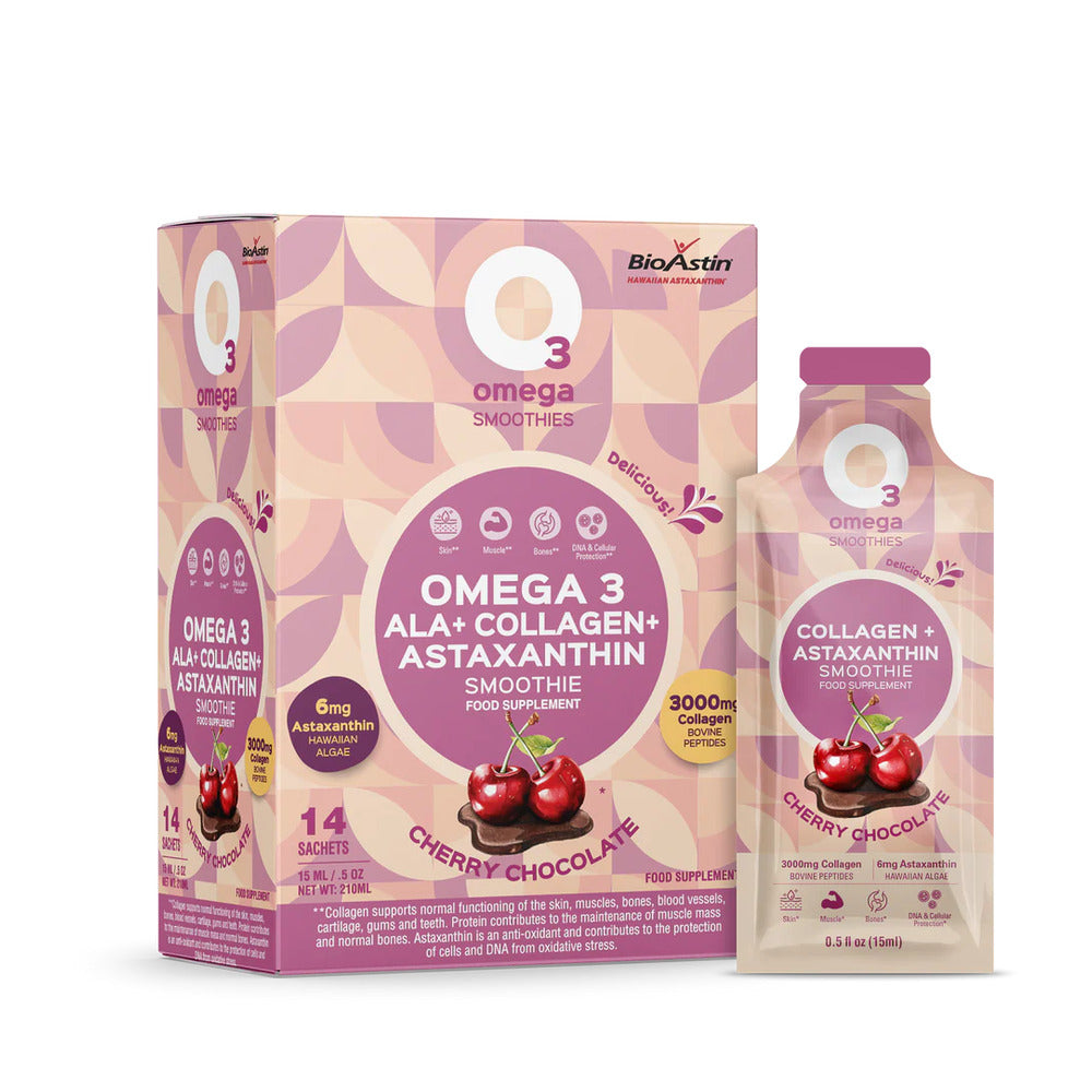 O3Omega Cherry Chocolate Hawaiian Astaxanthin & Bovine Collagen Peptides Smoothie Supplement 14 Sachets