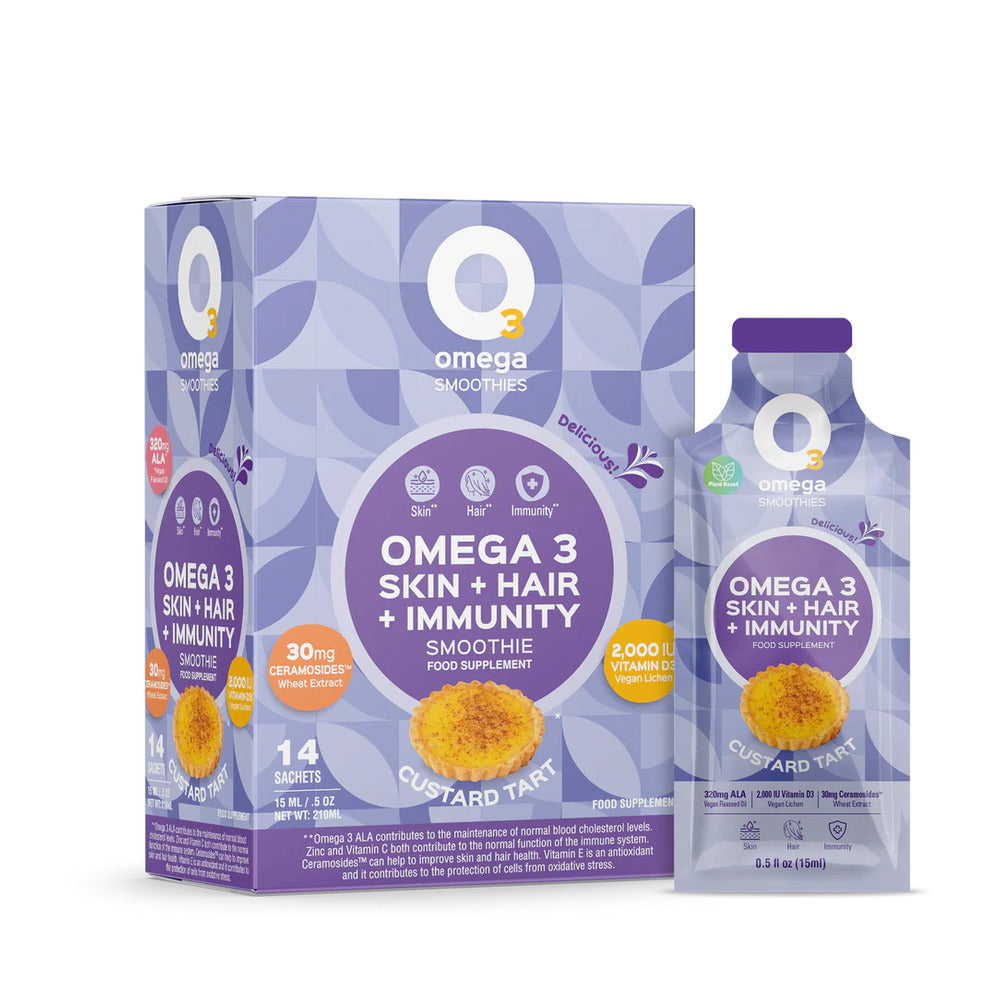 Omega 3 skin, hair, and immunity smoothie packaging on a white background