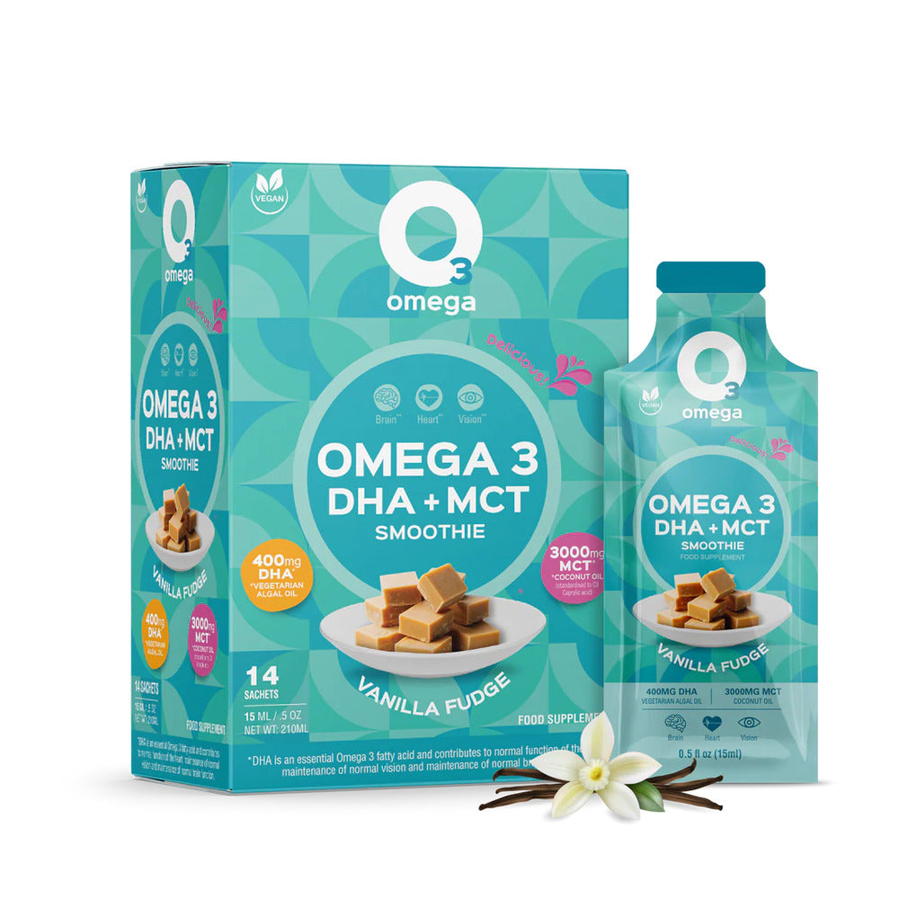 Omega 3 DHA + MCT smoothie packaging with vanilla fudge flavor on a white background