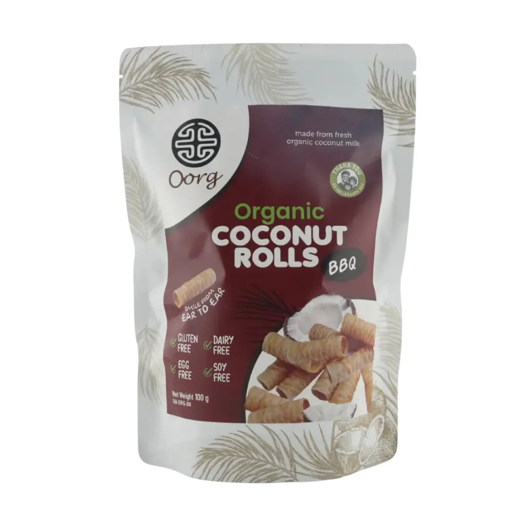 Packaging of Organic Coconut Rolls BBQ with brand logo on a white background