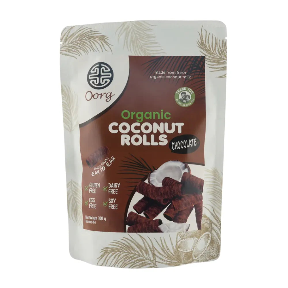 Packaging of Organic Coconut Rolls with chocolate flavor on a white background