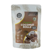 Packaging of Organic Coconut Rolls with ginger and cinnamon flavor on a white background