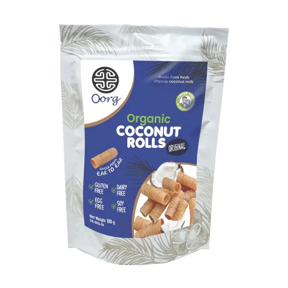 Packaging of Oorg Organic Coconut Rolls on a white background