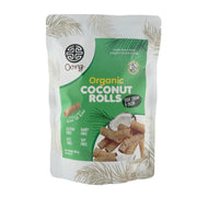 Packaging of Oorg Organic Coconut Rolls on a white background